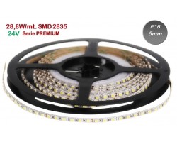Tira LED 5 mts Flexible 24V 144W 600 Led SMD 2835 IP20 Blanco Cálido, 5mm ancho, Serie PREMIUM